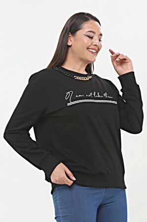 Kadın Büyük Beden Yaka Zincir Detaylı Yazılı Siyah Sweatshirt