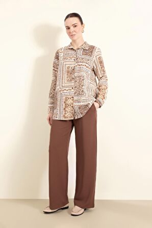 Regular Fit Cepli Krep Geniş Paça Pantolon