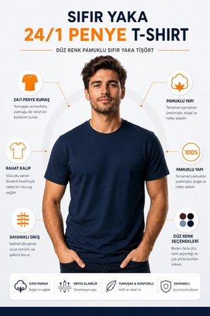 Erkek Slim Fit Lacivert Bisiklet Yaka Pamuk Penye Günlük Rahat Basic Tişört