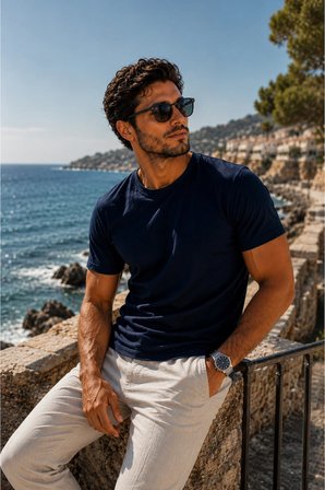 Erkek Slim Fit Lacivert Bisiklet Yaka Pamuk Penye Günlük Rahat Basic Tişört