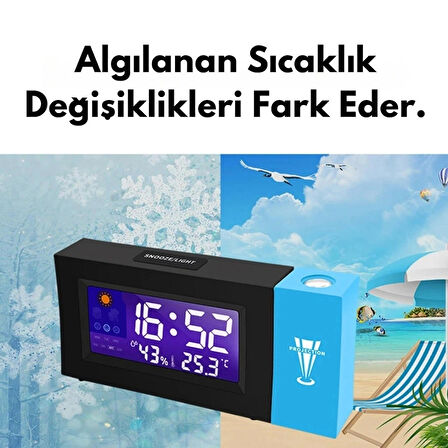 TechTic Projeksiyonlu Masa Saati Derece Nem Tarih Göstergeli Çalar Saat Alarm Duvara Yansıtmalı Saat