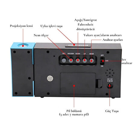 TechTic Projeksiyonlu Masa Saati Derece Nem Tarih Göstergeli Çalar Saat Alarm Duvara Yansıtmalı Saat