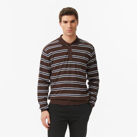 Nautica Erkek Kahverengi Regular Fit Uzun Kollu Çizgili Polo Yaka T-Shirt