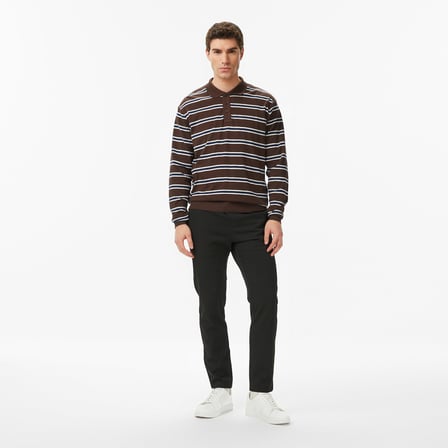 Nautica Erkek Kahverengi Regular Fit Uzun Kollu Çizgili Polo Yaka T-Shirt