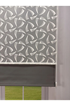 NOVA Serisi – Üç Yaprak Desenli Çift Mekanizmalı Beyaz Tül Antrasit Gri Stor Perde