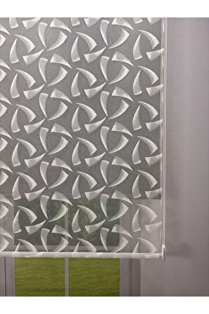 NOVA Serisi – Üç Yaprak Desenli Çift Mekanizmalı Beyaz Tül Antrasit Gri Stor Perde