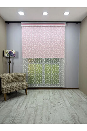 NOVA Serisi – Üç Yaprak Desenli Çift Mekanizmalı Beyaz Tül Pembe Stor Perde