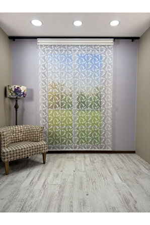 NOVA Serisi – Üç Yaprak Desenli Çift Mekanizmalı Beyaz Tül Beyaz Stor Perde