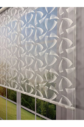 NOVA Serisi – Üç Yaprak Desenli Çift Mekanizmalı Beyaz Tül Mavi Stor Perde