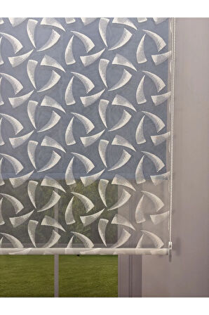 NOVA Serisi – Üç Yaprak Desenli Çift Mekanizmalı Beyaz Tül Mavi Stor Perde