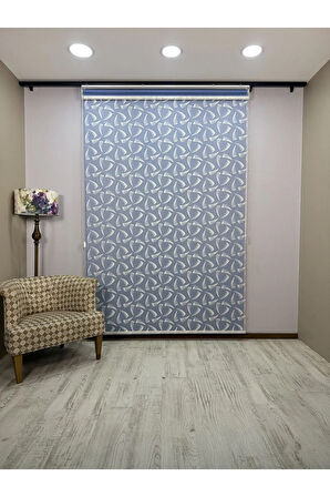 NOVA Serisi – Üç Yaprak Desenli Çift Mekanizmalı Beyaz Tül Mavi Stor Perde