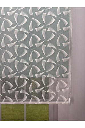 NOVA Serisi – Üç Yaprak Desenli Çift Mekanizmalı Beyaz Tül Petrol Yeşili Stor Perde