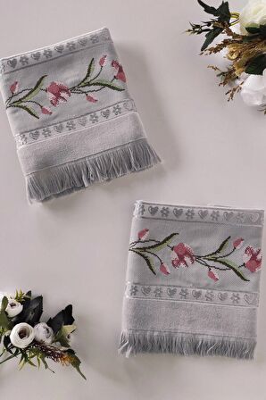 Sevim Gül Nakışlı Jakarlı Kadife El Yüz Havlusu - 50x90 cm-Gri