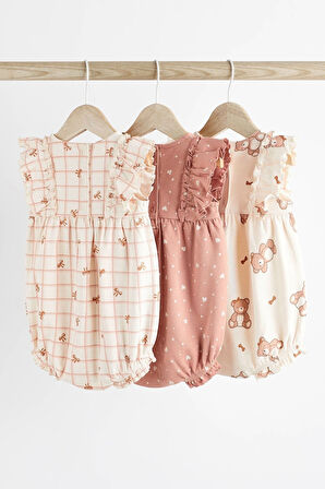 Next Baby % 100 Pamuklu Krem Pembe Ayıcık Desenli Romper 3’lü Set