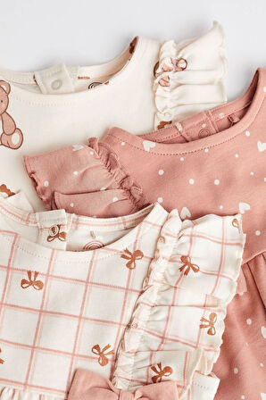 Next Baby % 100 Pamuklu Krem Pembe Ayıcık Desenli Romper 3’lü Set