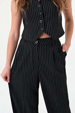 Kadın Siyah Çizgili Yelek Pantolon Takım