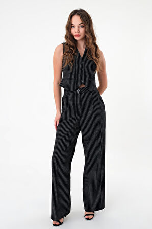 Kadın Siyah Çizgili Yelek Pantolon Takım