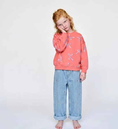 Fiyonk Nakışlı Kız Çocuk Wide Leg Jean Pantolon