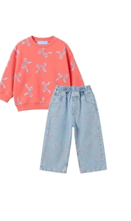 Fiyonk Nakışlı Kız Çocuk Wide Leg Jean Pantolon