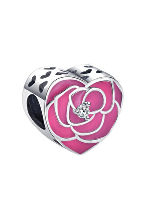 Kalp İçinde Pembe Gül Charm | 925 Ayar Gümüş