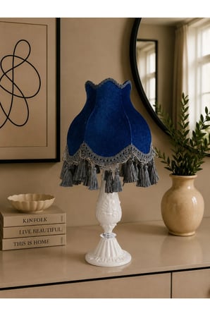Saks Mavi Kadife Kaplı Vintage Abajur Beyaz Metal Ayak Saks Model Diğer