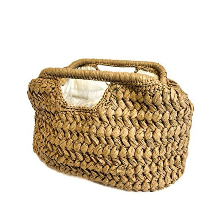 Uretti - Şennur 3131 El Örgüsü Burs Kapamalı Kahverengi Rafya İp Clutch Çanta / 38 cm x 21 cm