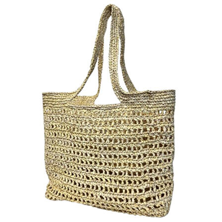 Uretti - Necla 4345 8391 El Yapımı Rafya İp Şapka ve File Model Omuz Çantası - 45 cm x 30 cm - Bej