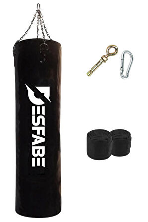 Desfabe Boxing Star 120x32 Cm Zincirli Boks Kum Torbası Siyah+Askı Aparatı+El Sargı Bandajı