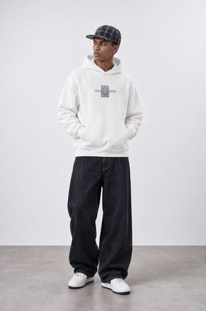 Erkek Sky Patch Detaylı Oversize Hoodie Ekru