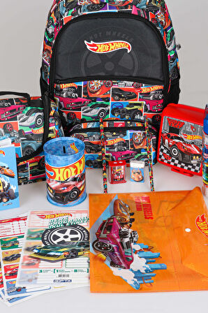DEKOMUS İLE LİSANSLI HOT WHEELS OKUL,BESLENME VE KALEM ÇANTASI İLE BESLENME KABI KIRTASİYE SETİ ÇITÇIT DOSYA,KALEM,SİLGİ,KUMBARA,KALEMTRAŞ,RESİM DEFTERİ,OKUL ETİKETİ