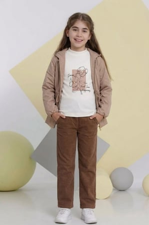 Kız Çocuk Nova Kumaş Taşlı Trençkot ,Penye, Keten Pantolonlu Alt Üst Takım TKM1011
