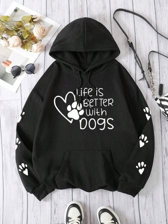 Rahat Kadın Kapüşonlular Hayat Köpekler Baskılı Tişörtü Rahat Bisiklet Yaka Kazak Gevşek Pola