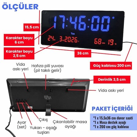 Upway 15×36 cm Büyük HD LED Dijital Duvar Saati – Alarm Tarih Sıcaklık Nem