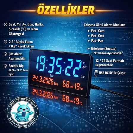 Upway 15×36 cm Büyük HD LED Dijital Duvar Saati – Alarm Tarih Sıcaklık Nem