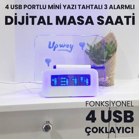 Upway 4 Adet USB Çoklayıcı Not Panelli Dijital Masa Saati – 3 Alarm Sıcaklık Takvim Doğum Günü