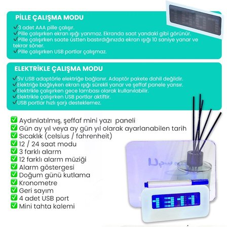 Upway 4 Adet USB Çoklayıcı Not Panelli Dijital Masa Saati – 3 Alarm Sıcaklık Takvim Doğum Günü