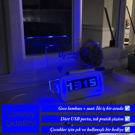 Upway 4 Adet USB Çoklayıcı Not Panelli Dijital Masa Saati – 3 Alarm Sıcaklık Takvim Doğum Günü