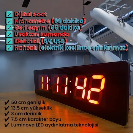 Upway 50x13,5 Kumandalı Büyük Dijital Duvar Saati – Kronometre - Geri Sayım Luminova LED Teknolojisi