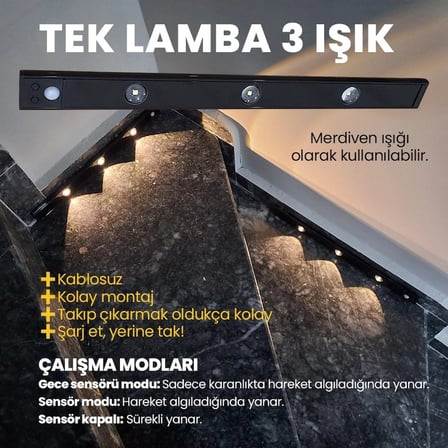 Upway Sensörlü 40 cm 3’lü LED Lamba – 3 Renkli Ayarlanabilir Tezgah Merdiven Dolap Aydınlatma