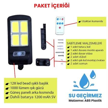 UpWay Güneş Enerjili 128 Led Duvar Lambası - 1000 LM Su Geçirmez Aydınlatma