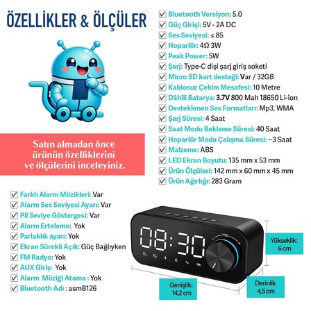 Upway LED Işıklı Dijital Masa Saati – Bluetooth Hoparlör SD Kart Çift Alarm