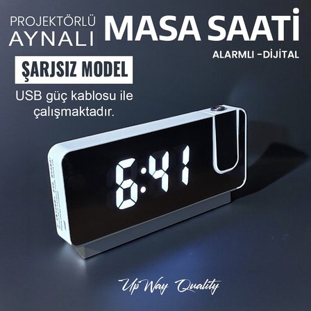 Upway Projektörlü Aynalı Dijital Masa Saati – Ayarlanabilir Lazer Yansımalı