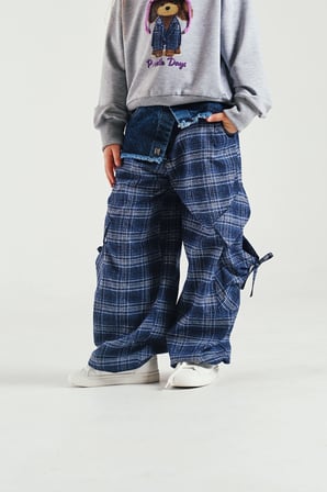 Loco Loco Mavi Denim Detaylı Ekose Çocuk Pantolon