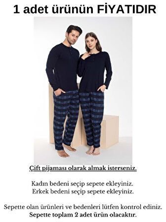 Çift Sevgili Eş Kombini Lacivert Mavi Ekose Desen Modal Uzun Kol Pijama Takımı-Tek Ürün Fiyatı-