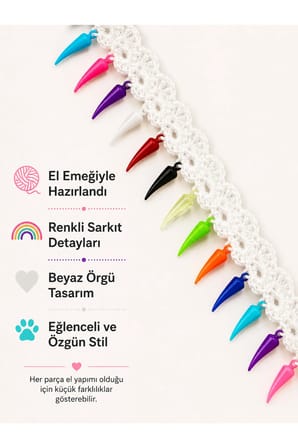 El Örgüsü Kedi Tasması Beyaz Renkli Sarkıtlı El Yapımı Örgü Kedi Boyun Aksesuarı