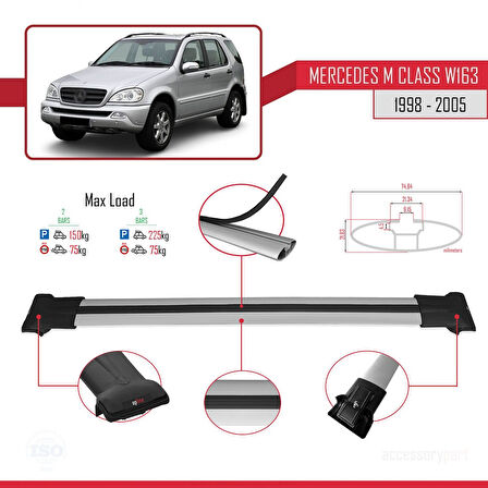 Mercedes M Class (W163) 1998-2005 Arası ile Uyumlu FLY Model Ara Atkı Tavan Barı Gri 2 Adet