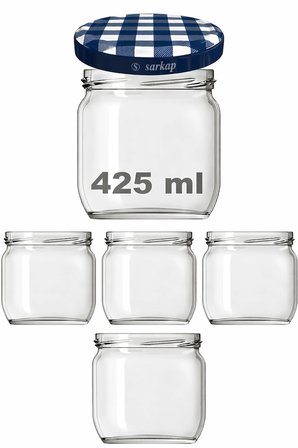 Paşabahçe 425 ml Konserve Ekose Desen Metal Kapaklı Cam Kavanoz 5 Adet (Şeffaf, 425 cc)