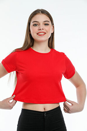 Süperlife Kadın Bisiklet Yaka Crop Örme Slim Fit Tişort SPR21Y13