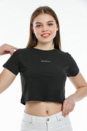 SPR21Y14 Crop Örme Brookyn Baskılı T-Shirt