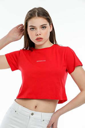 Süperlife Kadın Bisiklet Yaka Slim Fit Brookyn Baskılı Tişort SPR21Y14